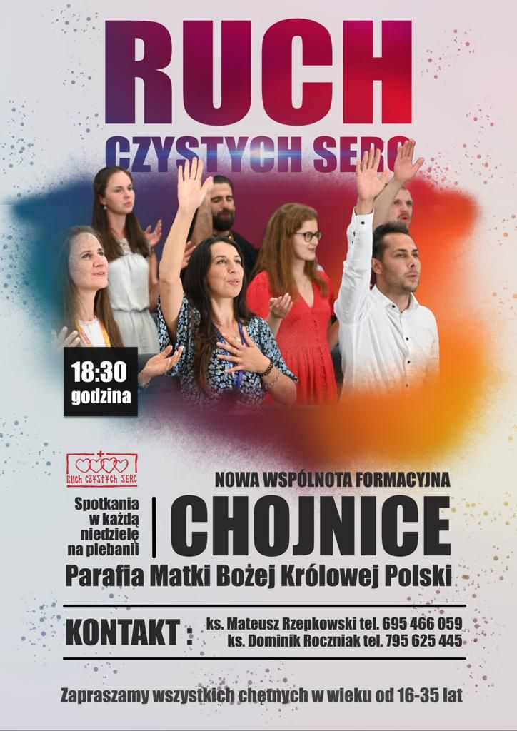 Zaproszenie do wspólnoty Ruchu Czystych Serc przy parafii Matki Bożej Królowej Polski w Chojnicach